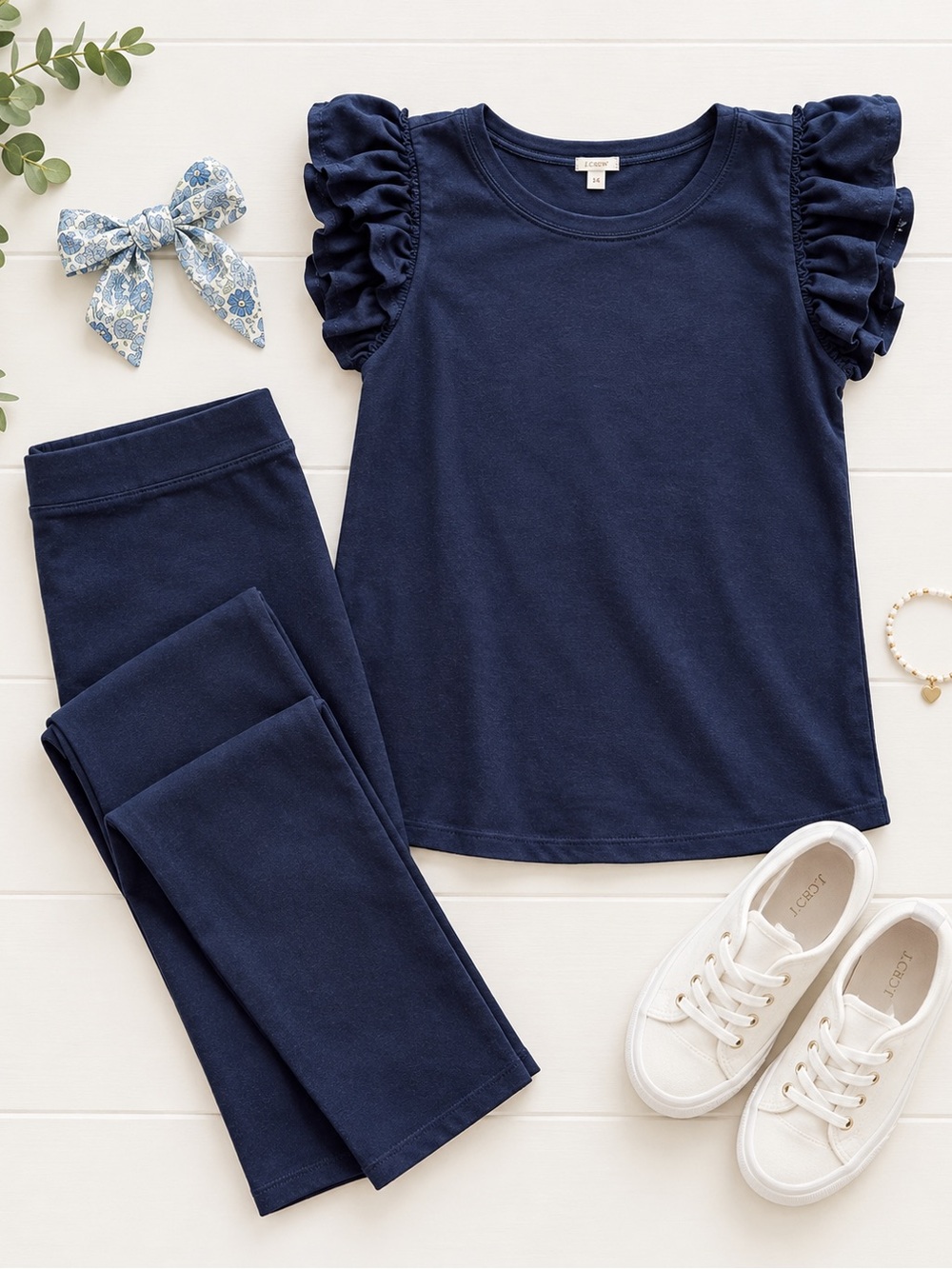 NWT Girls' Crewcuts FULL OUTFIT Navy Ruffle Tee & Leggings Size 14